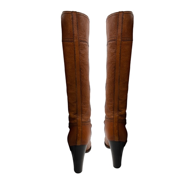 PRADA LIGHT BROWN / GOLD LOGO PLAQUE DISTRESSED LEATHER HIGH BOOTS - Picture 6 of 9